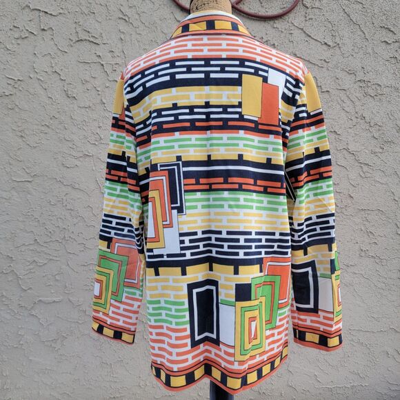 Vintage Polyester Top, Bright Geometric Rectangle Print, Green Orange Brown - Picture 7 of 7